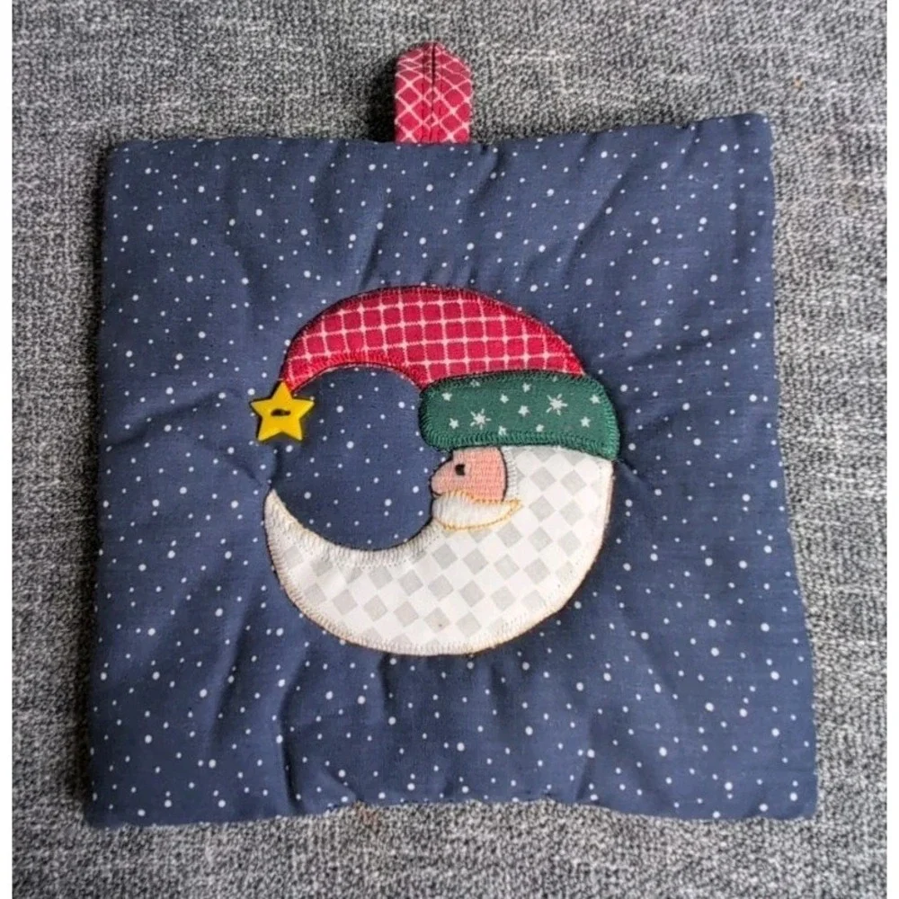 Quilted Christmas Pot Holder Moon Santa Appliqué Blue Star Country Farmhouse